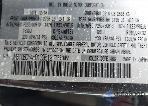 2017 Mazda Cx-9 Touring from USA, damaged, VIN JM3TCBCY4H0133512